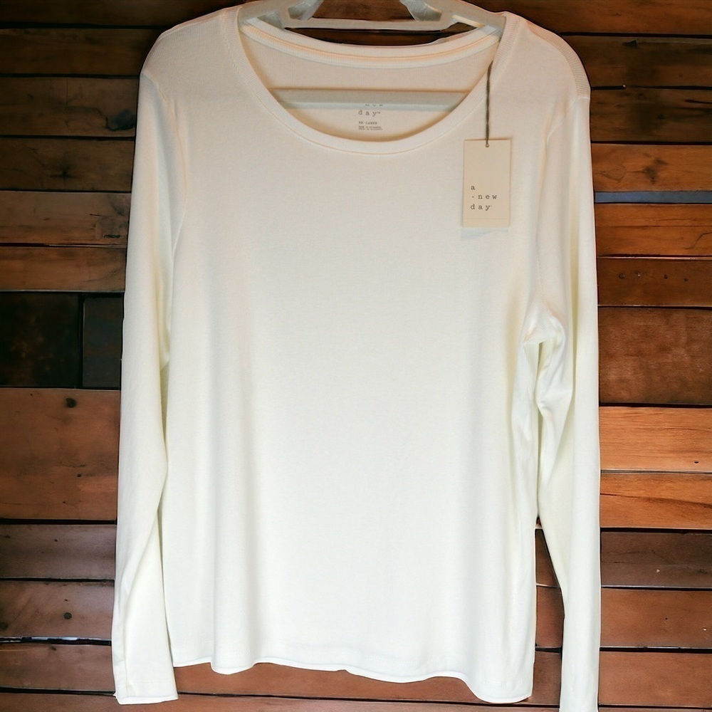 A‎ New Day White Long Sleeve Round Neck Ribbed Knit Shirt, Size XXL NEW